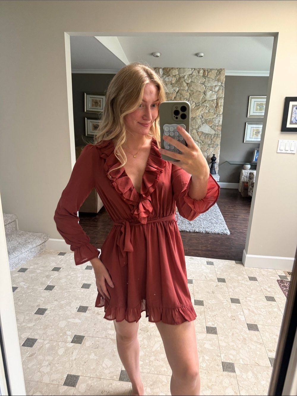 Ruffle V-Neck Tie-Waist Mini Dress - READ DESCRIPTION